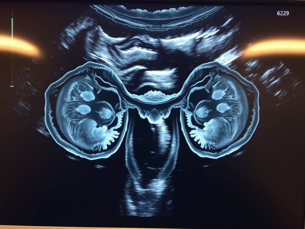 A detailed cross-sectional ultrasound image of the ovaries, captured with a high-resolution medical-grade imaging device. The ovaries are centered in the frame, displayed in a clinical yet informative manner. The image showcases the internal structure of the ovaries, highlighting any potential cystic formations or irregularities. The lighting is soft and diffused, providing clear visibility without harsh shadows. The angle and perspective allow for a comprehensive view of the ovarian anatomy, suitable for medical diagnostic purposes. The overall mood is one of clinical objectivity, emphasizing the informative nature of the image. A detailed cross-sectional ultrasound image of the ovaries, captured with a high-resolution medical-grade imaging device. The ovaries are centered in the frame, displayed in a clinical yet informative manner. The image showcases the internal structure of the ovaries, highlighting any potential cystic formations or irregularities. The lighting is soft and diffused, providing clear visibility without harsh shadows. The angle and perspective allow for a comprehensive view of the ovarian anatomy, suitable for medical diagnostic purposes. The overall mood is one of clinical objectivity, emphasizing the informative nature of the image.